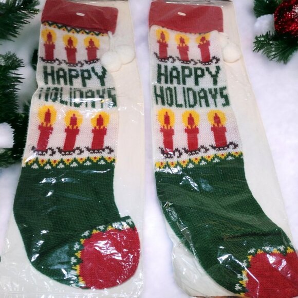 American Vintage Other - Vintage Christmas Candle Knit Stockings Holiday Pom Poms Mantle Colorful
